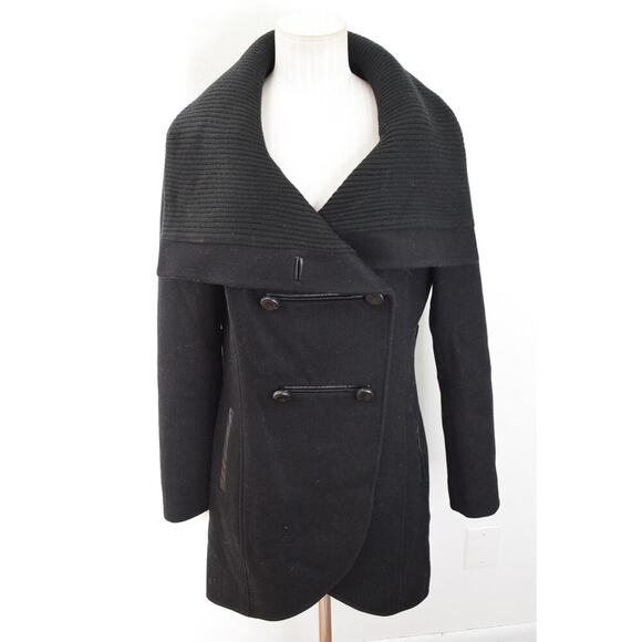 Mackage Coat Womens Medium Wool Blend Double Breasted Collar Black Lether Button - Picture 1 of 9